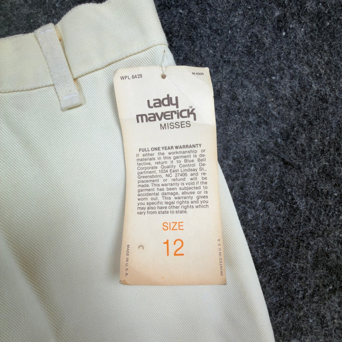 Lady Maverick Pants Womens 12 Vintage 70s Cream High Rise Wide Leg Deadstock NWT