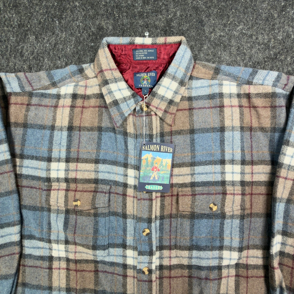 Salmon River Vintage 90s Plaid Shirt Jacket Mens XL Blue Wool Blend NWT C466