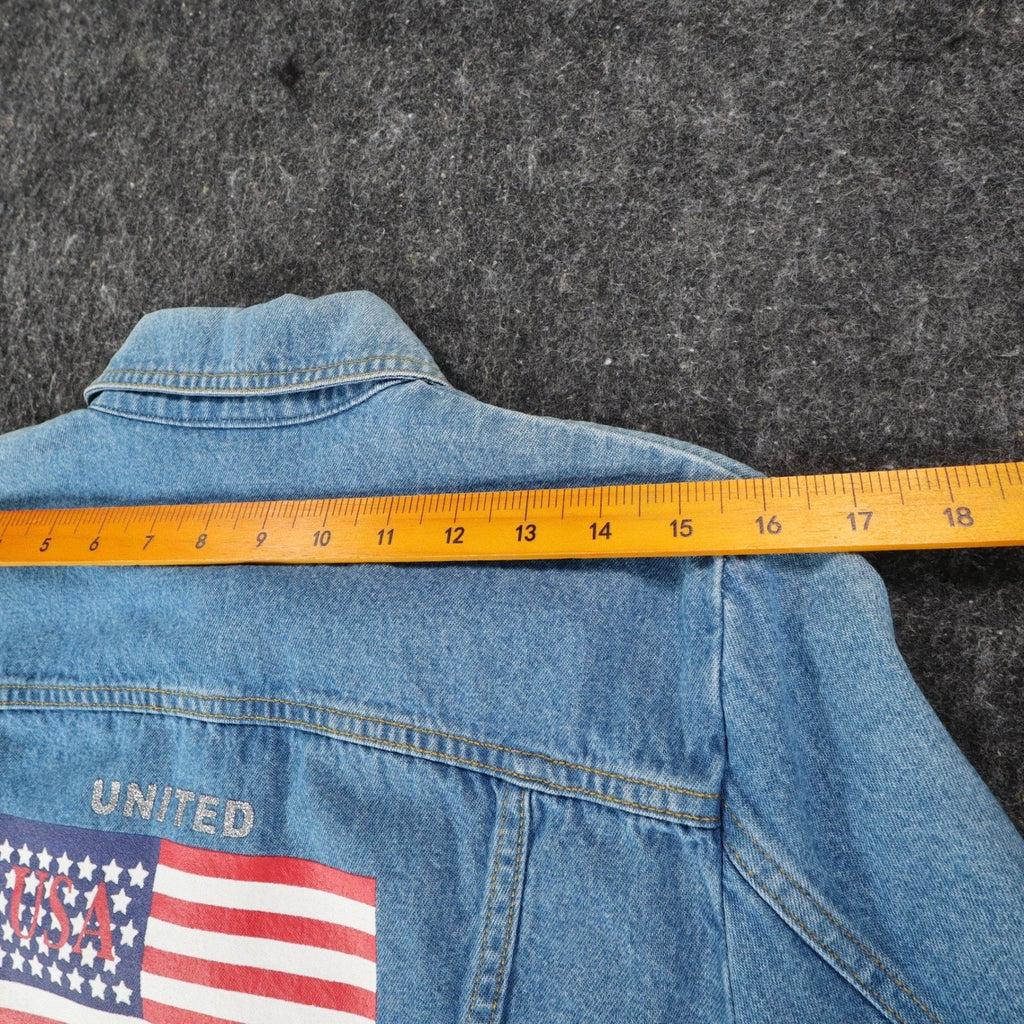 Tabloid Denim Jacket Medium Y2K Blue Cotton United We Stand USA Flag Graphic