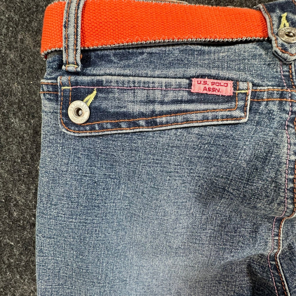 US Polo Assn Vintage Y2K Flare Jeans Girls 14 Blue Denim Orange Belt NWT