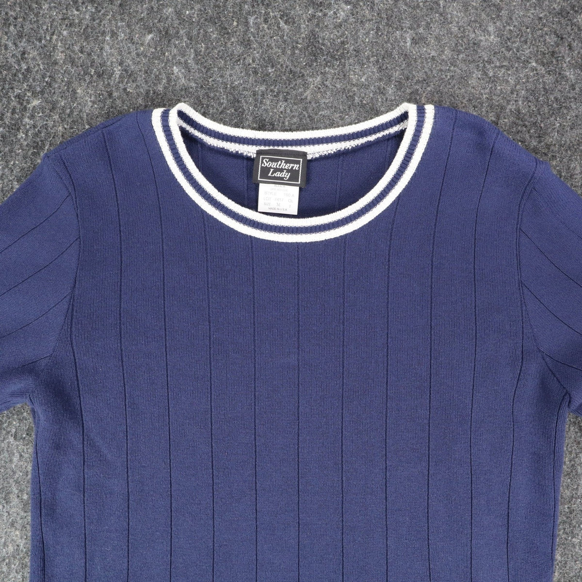 Southern Lady Short Sleeve Sweater Womens M Vintage Navy Blue Ribbed Knit NWT