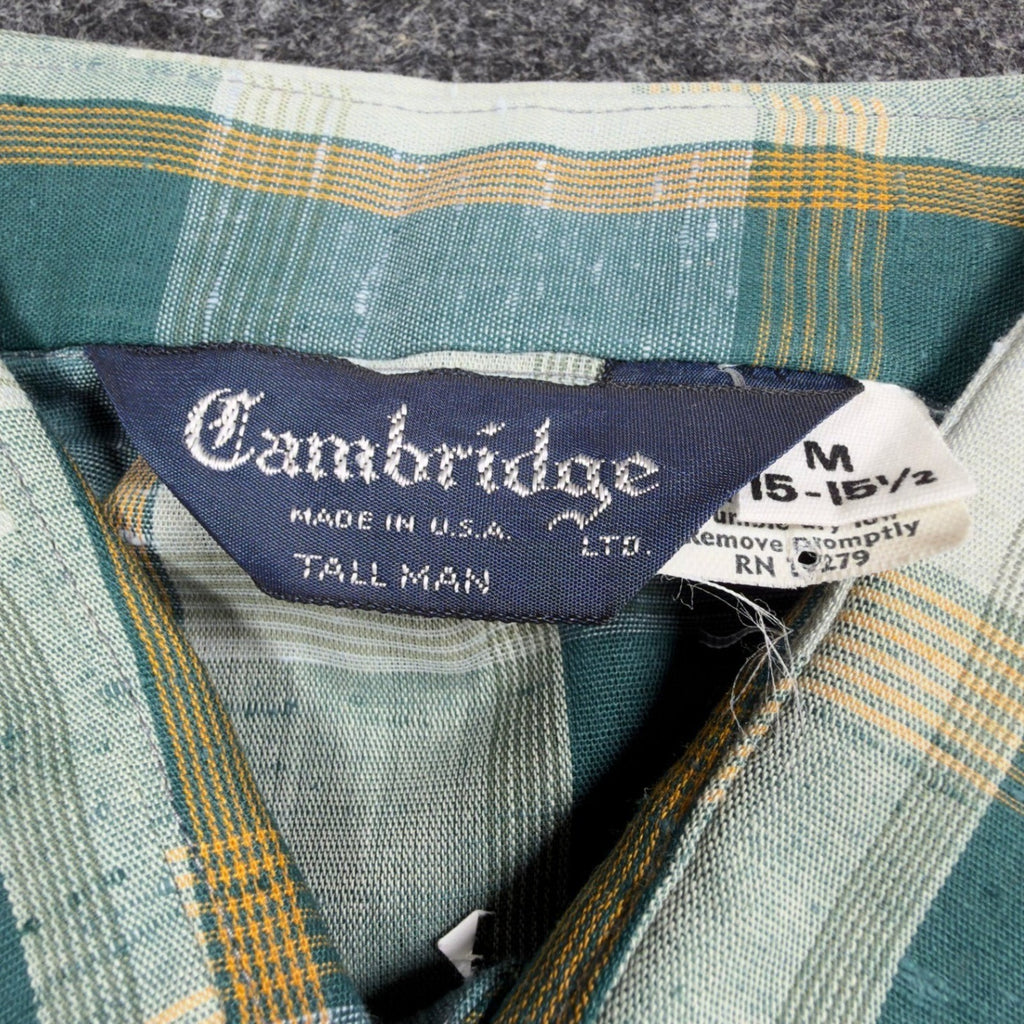 Cambridge Vintage 70s Plaid Button Up Shirt Mens M Green Tall Man NWT USA