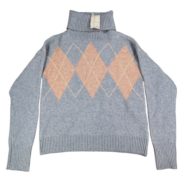 Hem & Thread Argyle Turtleneck Sweater Womens Small Gray Orange Knit Style 30984