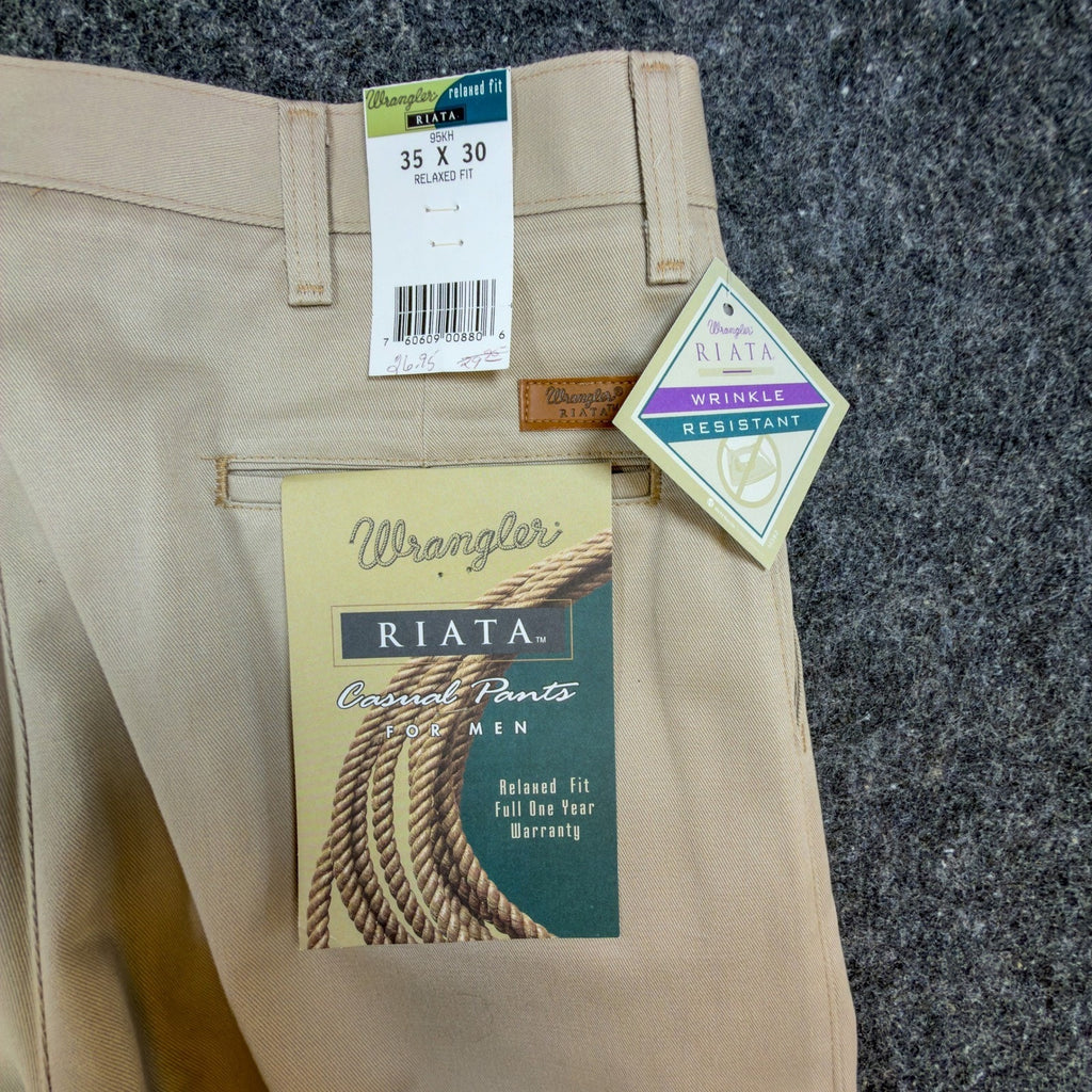 Wrangler Riata Pants Mens 35x30 Vintage 90s Khaki Cotton Relaxed Fit Pleated NEW