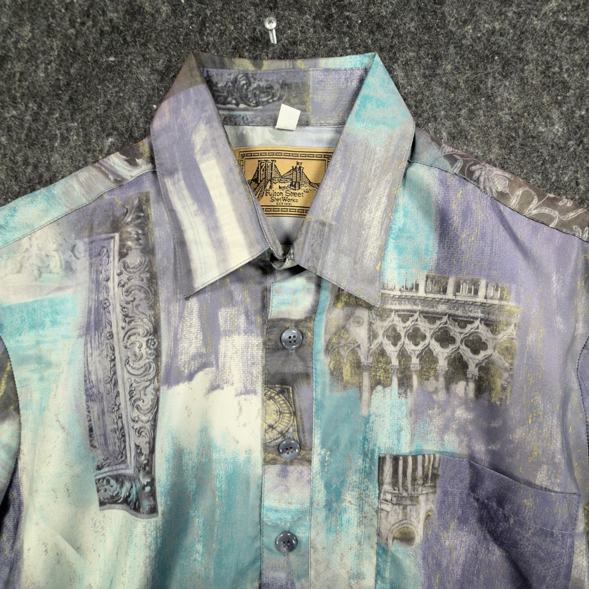 Vintage 90s Fulton Street Shirt Works Purple Abstract Print Shirt Men's Medium USA