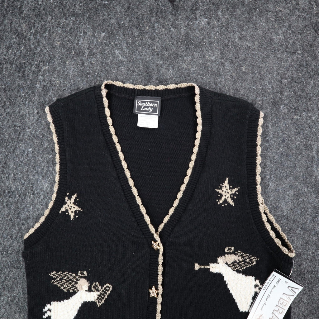 Southern Lady Angel Sweater Vest Womens Small Vintage 90s Black Metallic USA NWT
