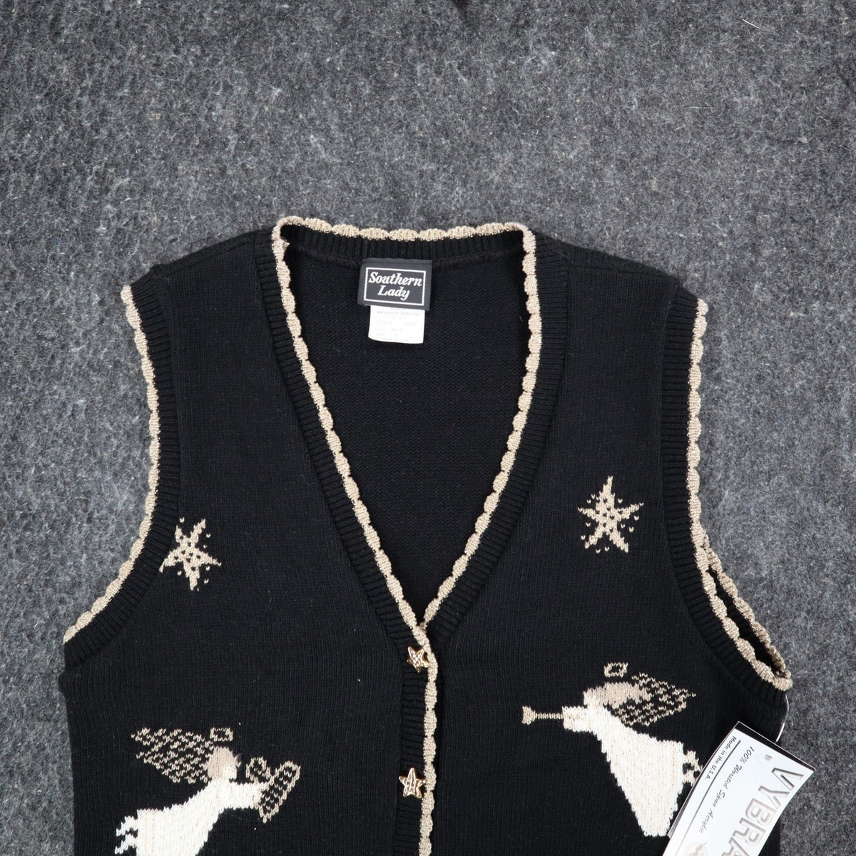 Southern Lady Angel Sweater Vest Womens Small Vintage 90s Black Metallic USA NWT