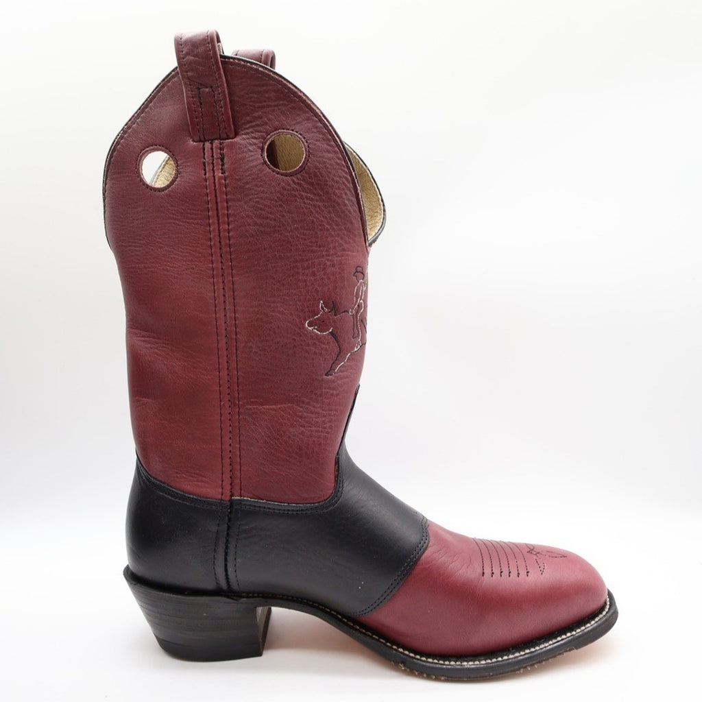 Outer side profile of Double-H burgundy and black leather cowboy boot with stacked heel