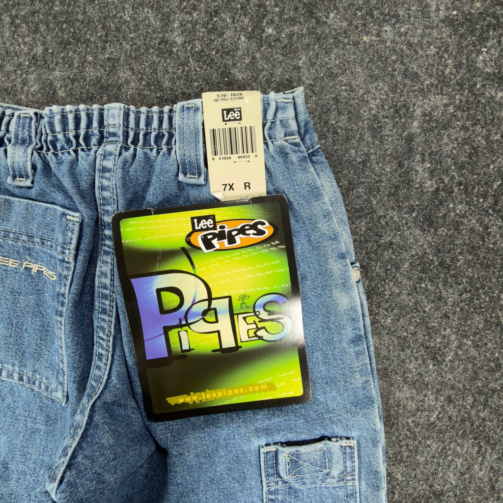 Lee Pipes 90s Vintage Denim Cargo Shorts Boys 7X Retro Stone Blue NWT New