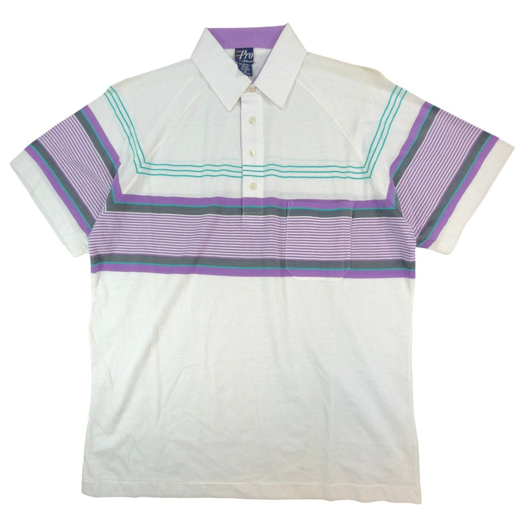 The Pro by Block Polo Shirt Mens Medium Vintage 90s White Purple Striped Pocket