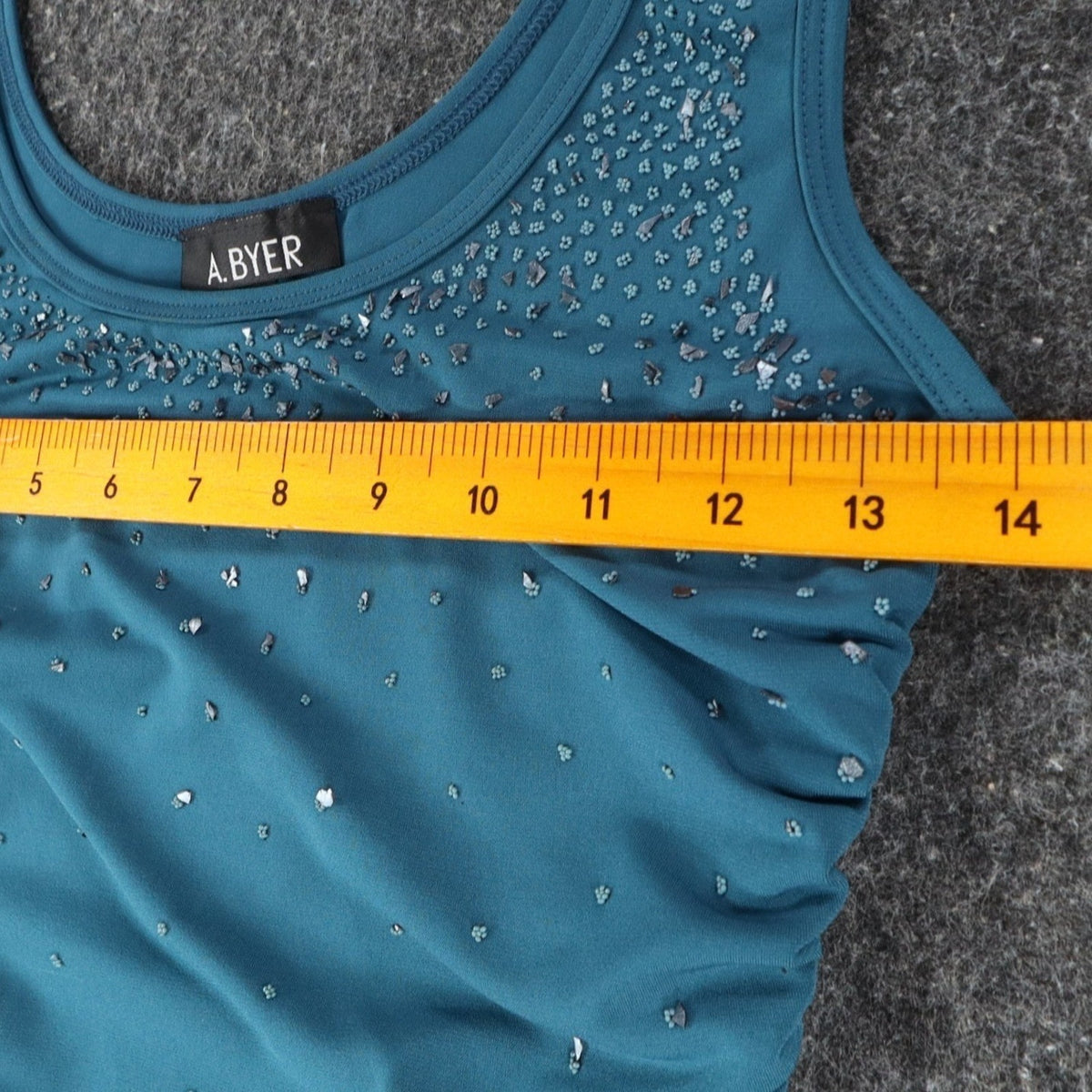 A. Byer Tank Top Womens Medium Y2K Teal Blue Ruched Beaded Stretch C799