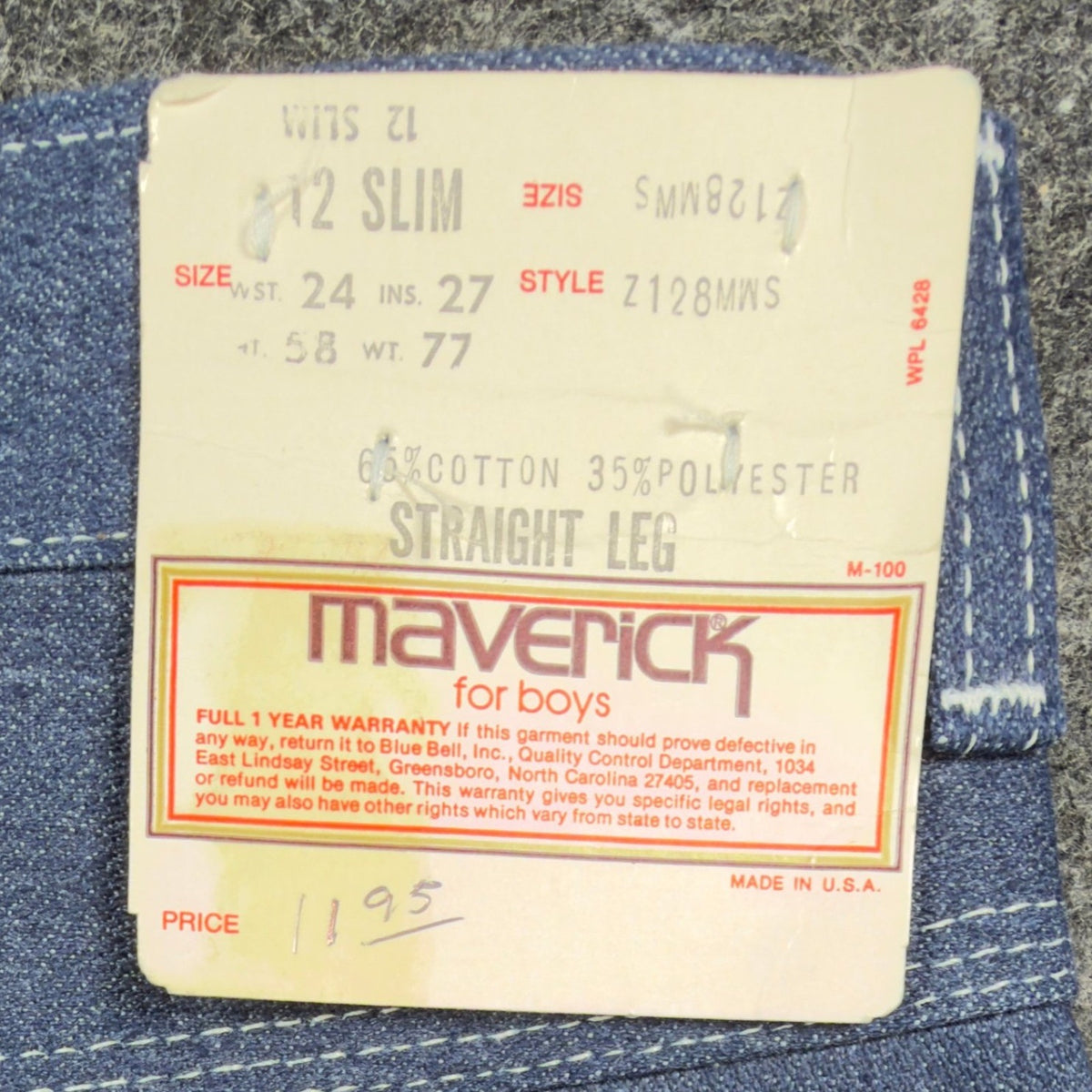 Maverick Vintage 70s Jeans Boys 12 Slim USA Blue Denim NWT Z128MNS 24x27