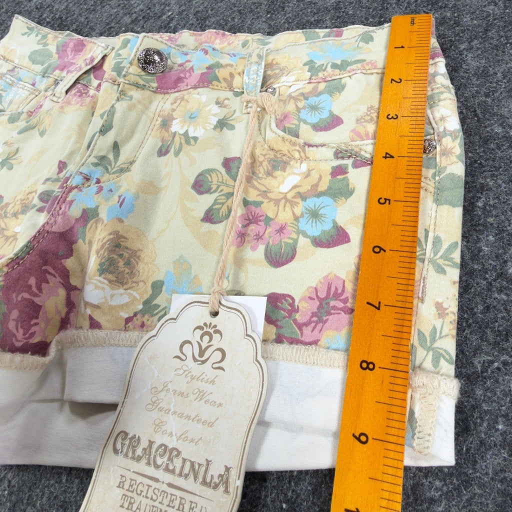 Grace in LA Modern Floral Denim Shorts Juniors 7/27 Yellow NWT
