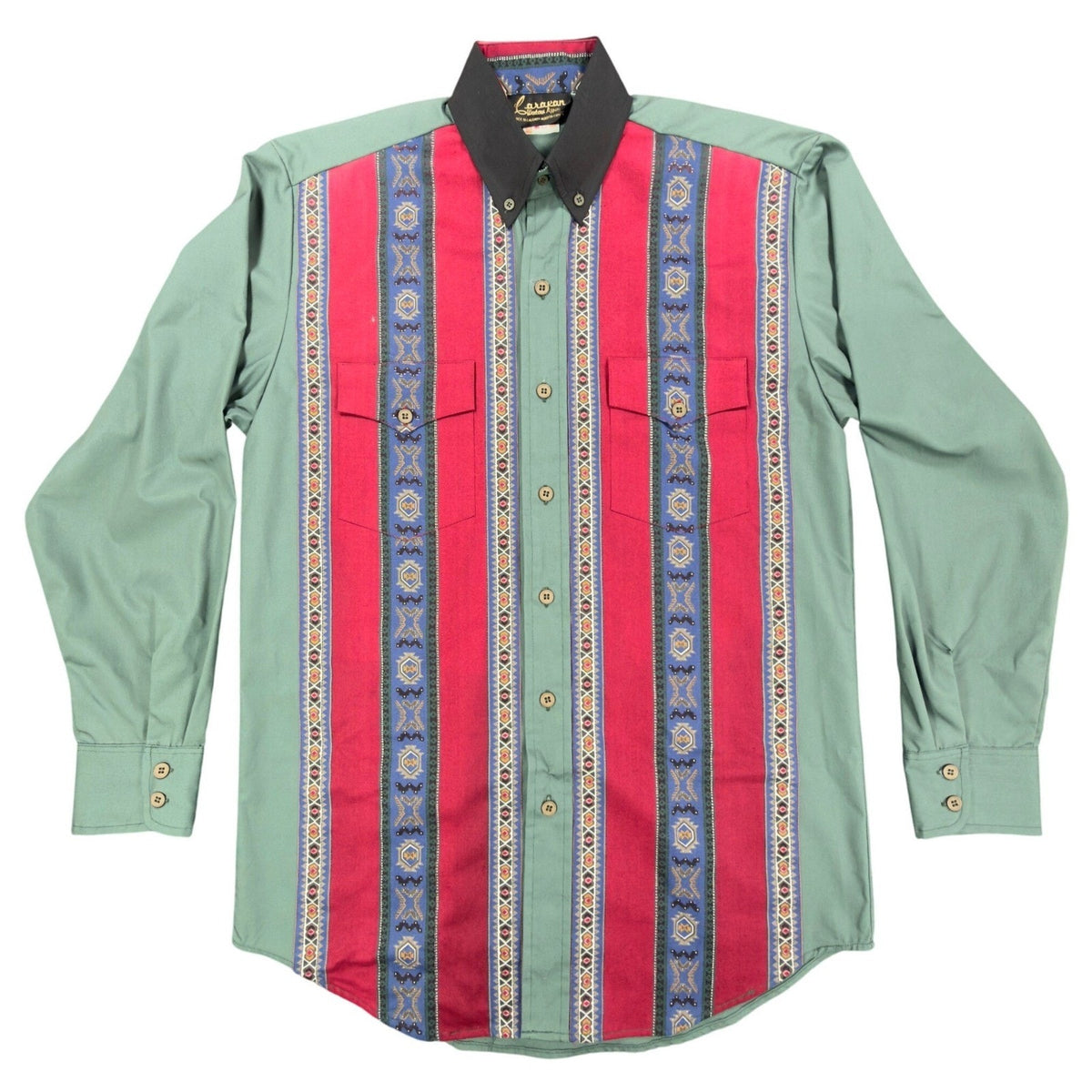 Caravan Vintage 90s Western Shirt Mens M Green Southwestern Cotton