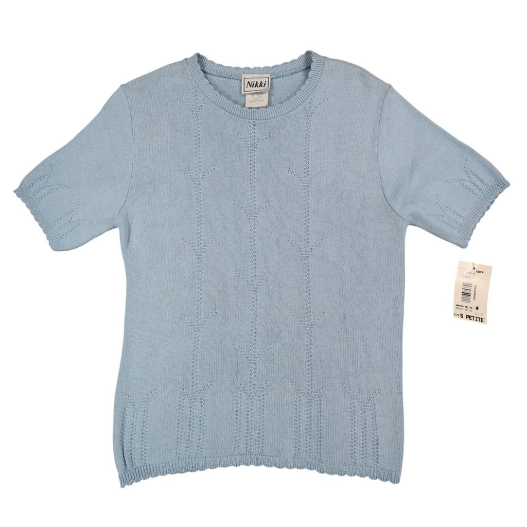 Nikki Short Sleeve Sweater Womens Small Petite Vintage 90s Dove Blue Pointelle