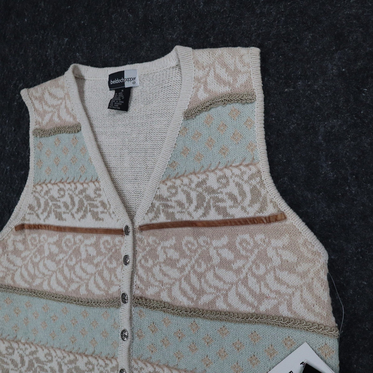 Beldoch Popper Sweater Vest Women M Vintage 90s NWT Natural Ramie Cotton Floral