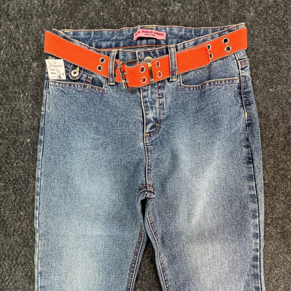 US Polo Assn Vintage Y2K Flare Jeans Girls 14 Blue Denim Orange Belt NWT