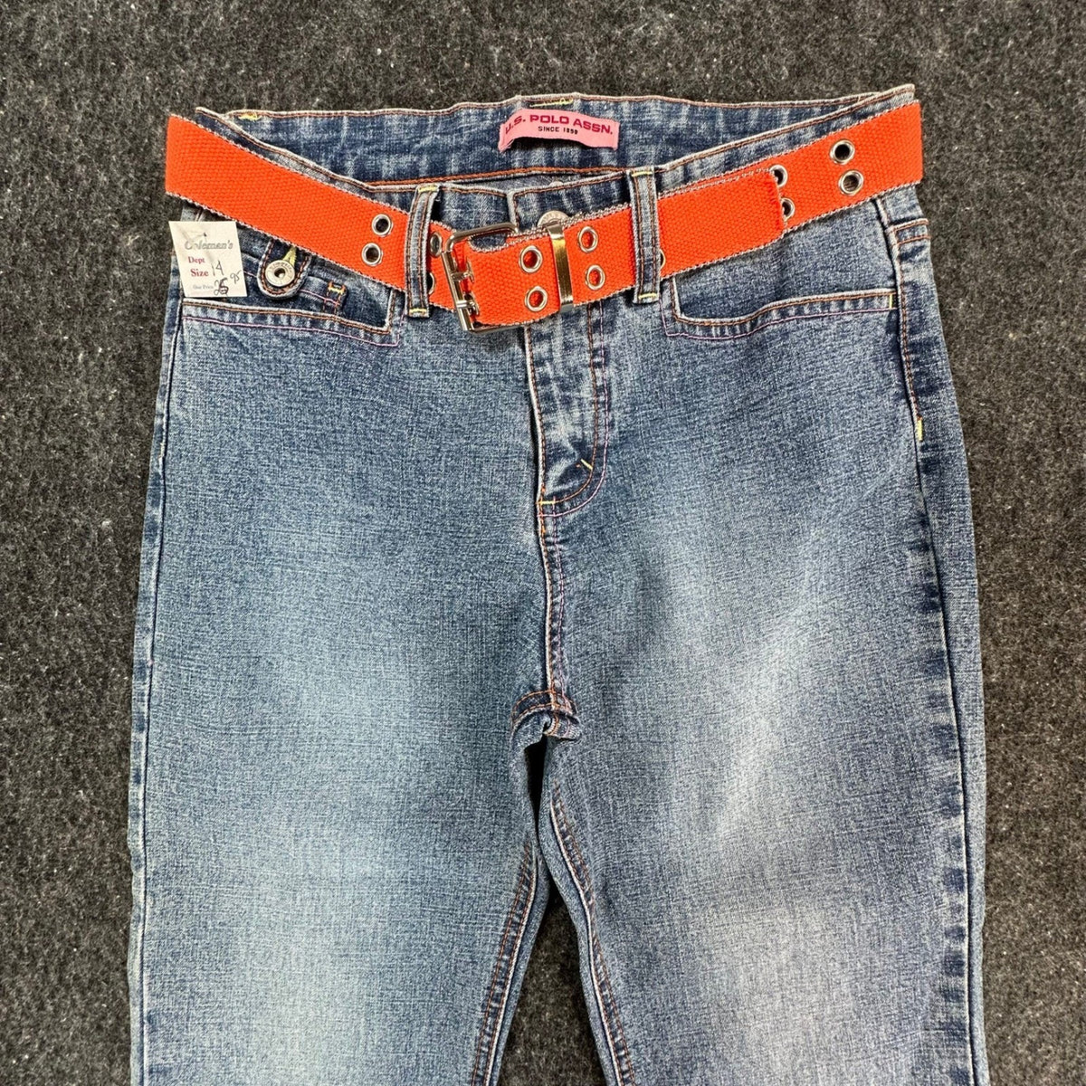 US Polo Assn Vintage Y2K Flare Jeans Girls 14 Blue Denim Orange Belt NWT
