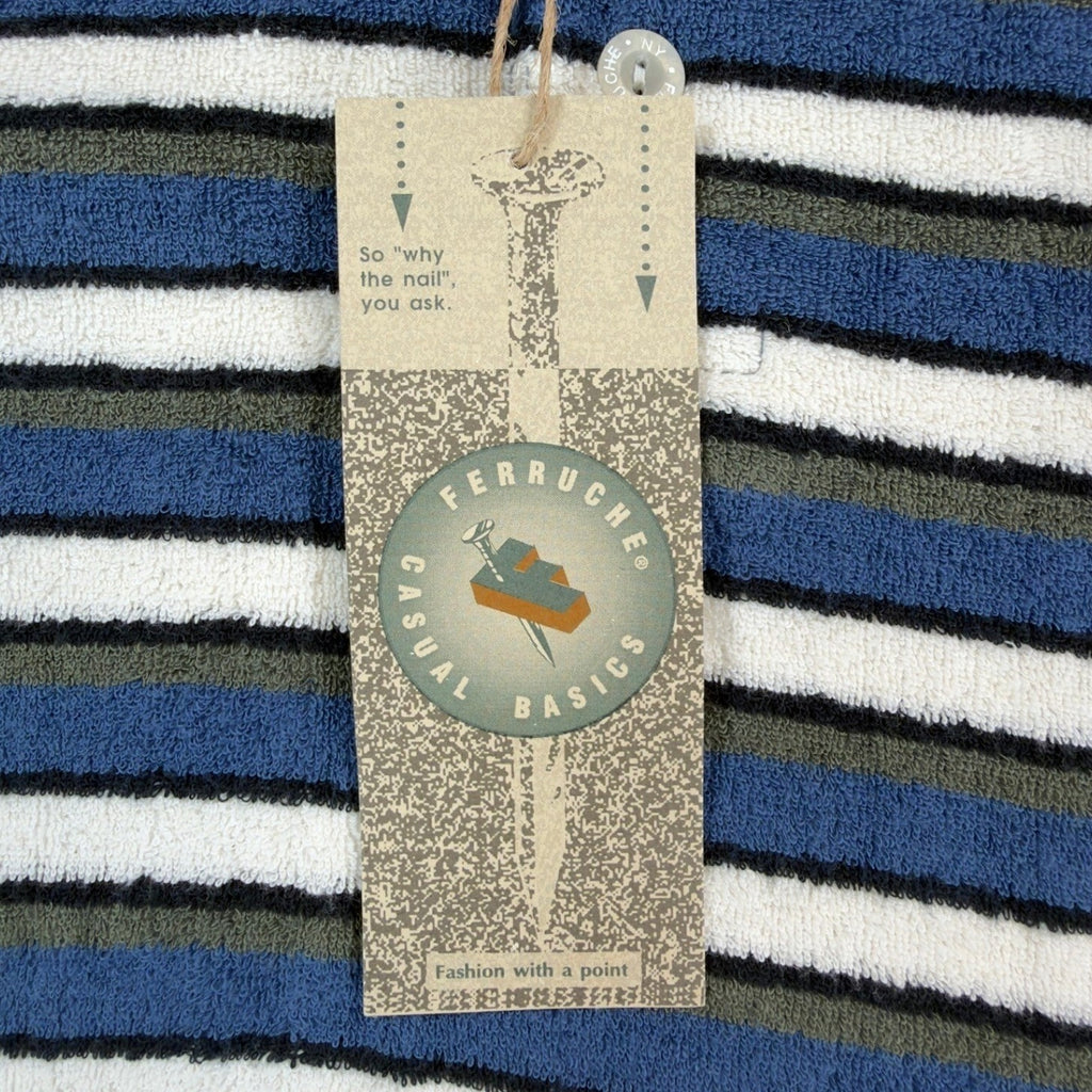 Ferruche Shirt Mens XL Henley Striped Short Sleeve Towel Terry Knit Blue NWT