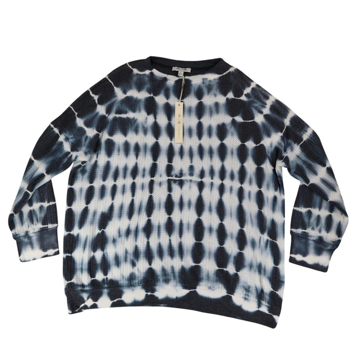 She + Sky Waffle Knit Top Womens Large Blue White Tie Dye Thermal Long Sleeve