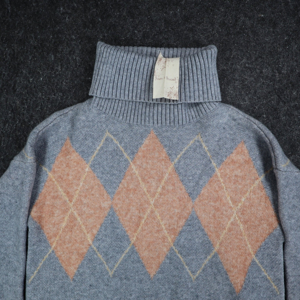Hem & Thread Argyle Turtleneck Sweater Womens Small Gray Orange Knit Style 30984