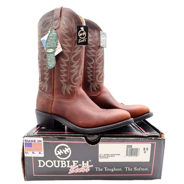 Double-H 3269 12" Work Western Boots Mens 8.5 D Black Walnut Leather NWT