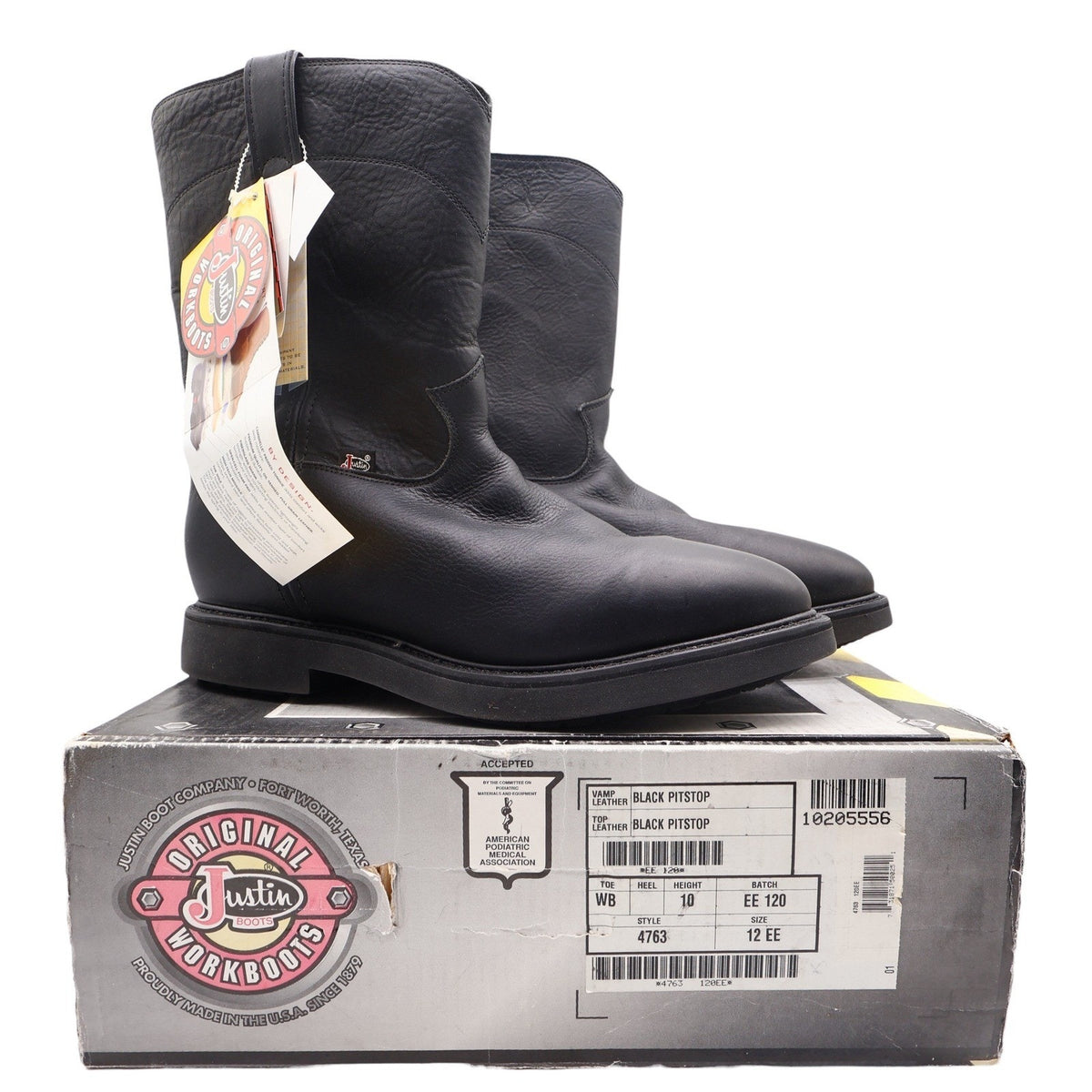 Justin Boots Mens 12 EE Black Leather Work Boots Pull On Roper 4763 NIB