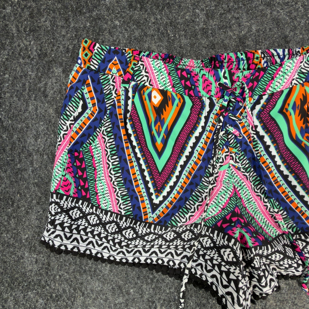 My Michelle Tribal Shorts NWT Womens L Multicolor Lace Up Pom Pom Hem
