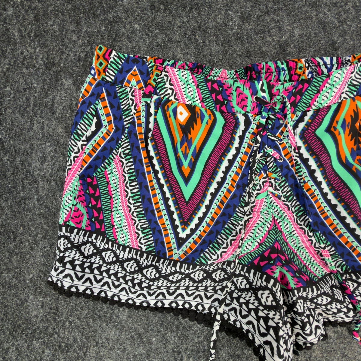 My Michelle Tribal Shorts NWT Womens L Multicolor Lace Up Pom Pom Hem