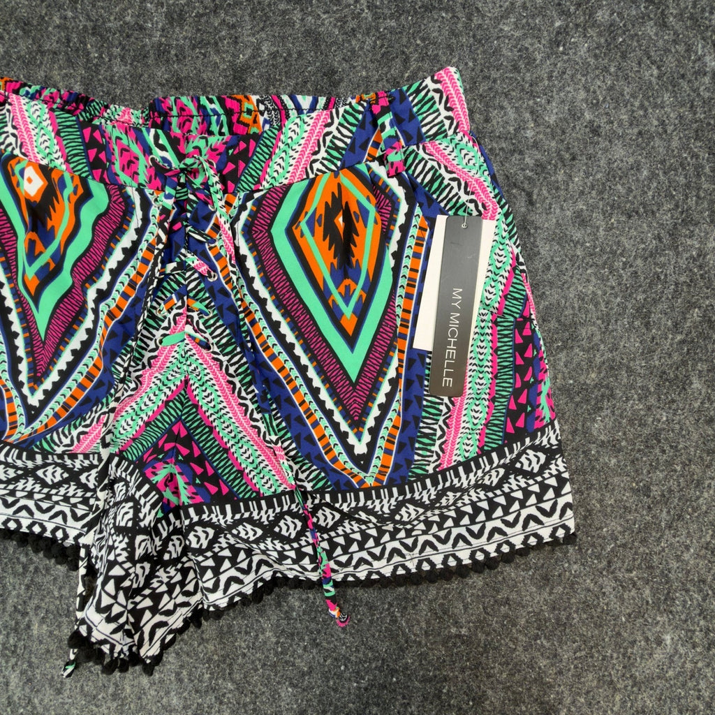 My Michelle Tribal Shorts NWT Womens L Multicolor Lace Up Pom Pom Hem