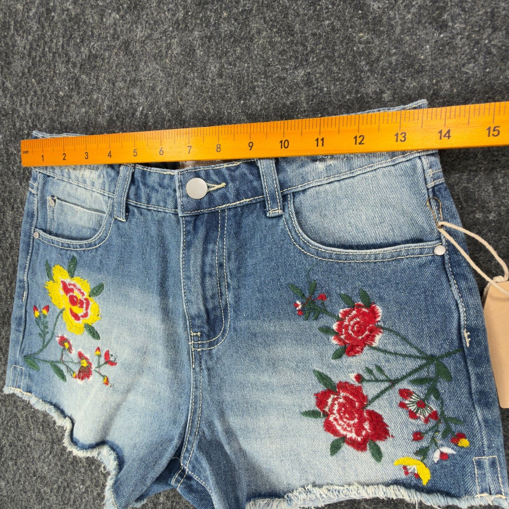 Blu Pepper Modern Floral Embroidered Denim Shorts Womens S Blue NWT