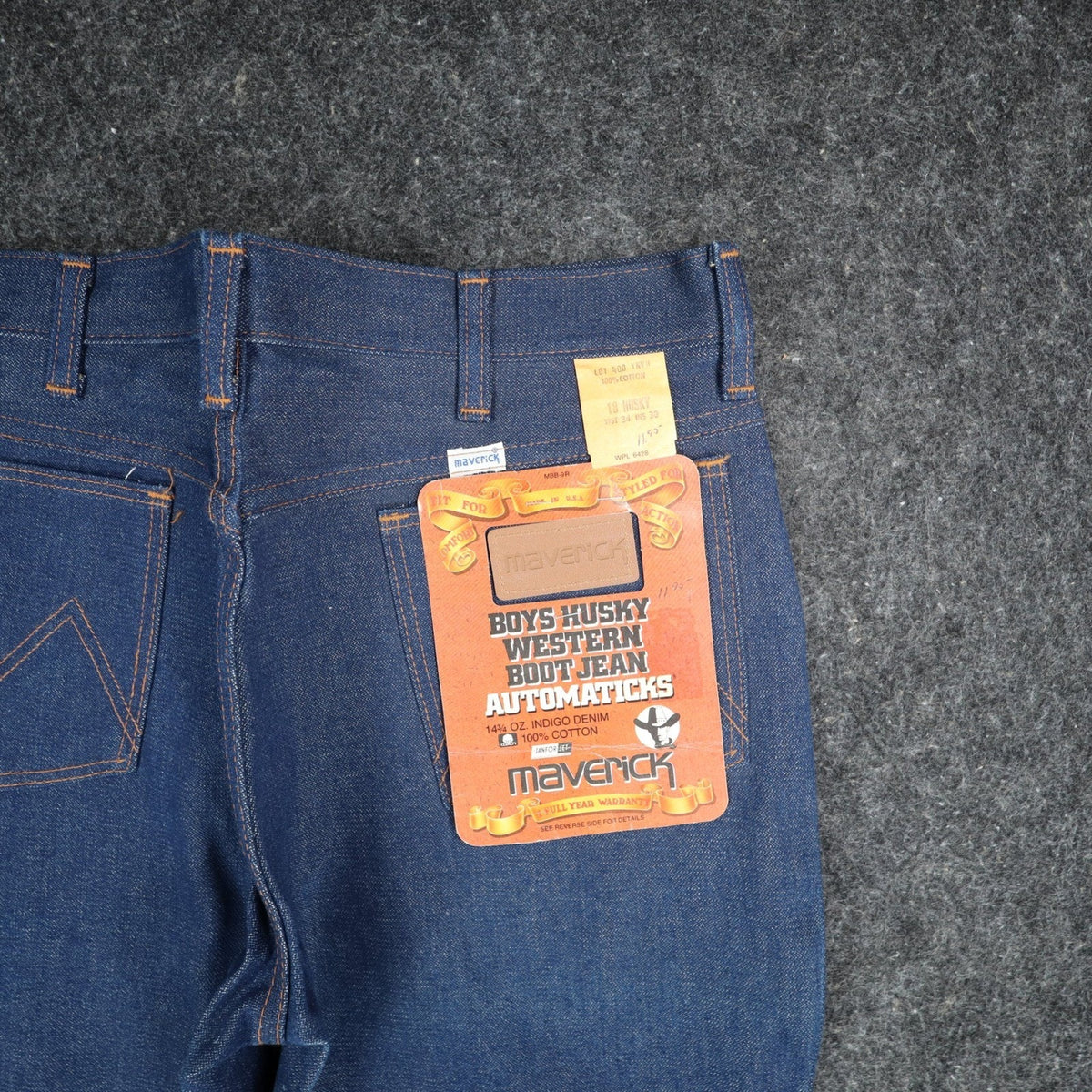 Maverick Western Boot Jean Boys Husky 18 W34 L30 Vintage USA Indigo Denim NOS