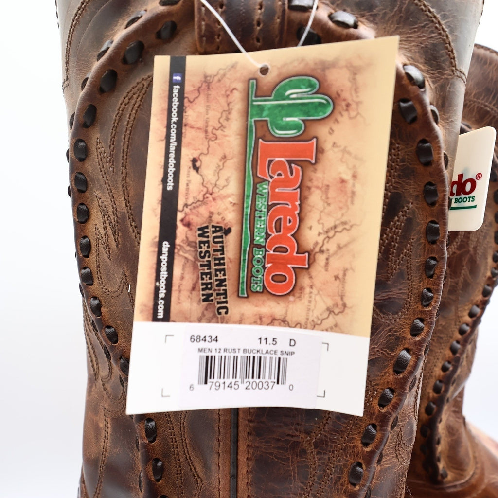 Laredo Western Boots Mens 11.5 D Brown Leather Snip Toe Bucklace 68434 NIB