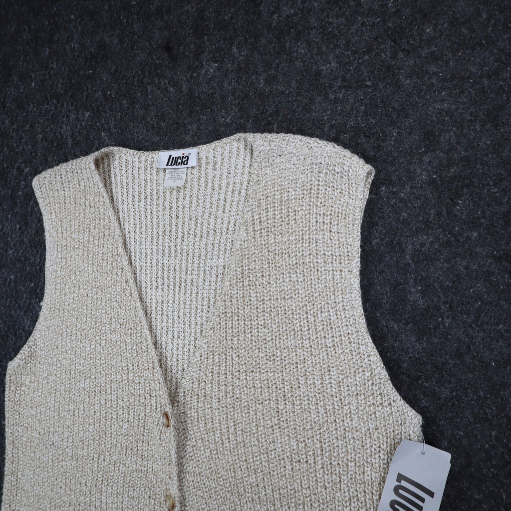 Lucia Sweater Vest Womens Medium Vintage 90s Beige Cotton Knit Button Front USA