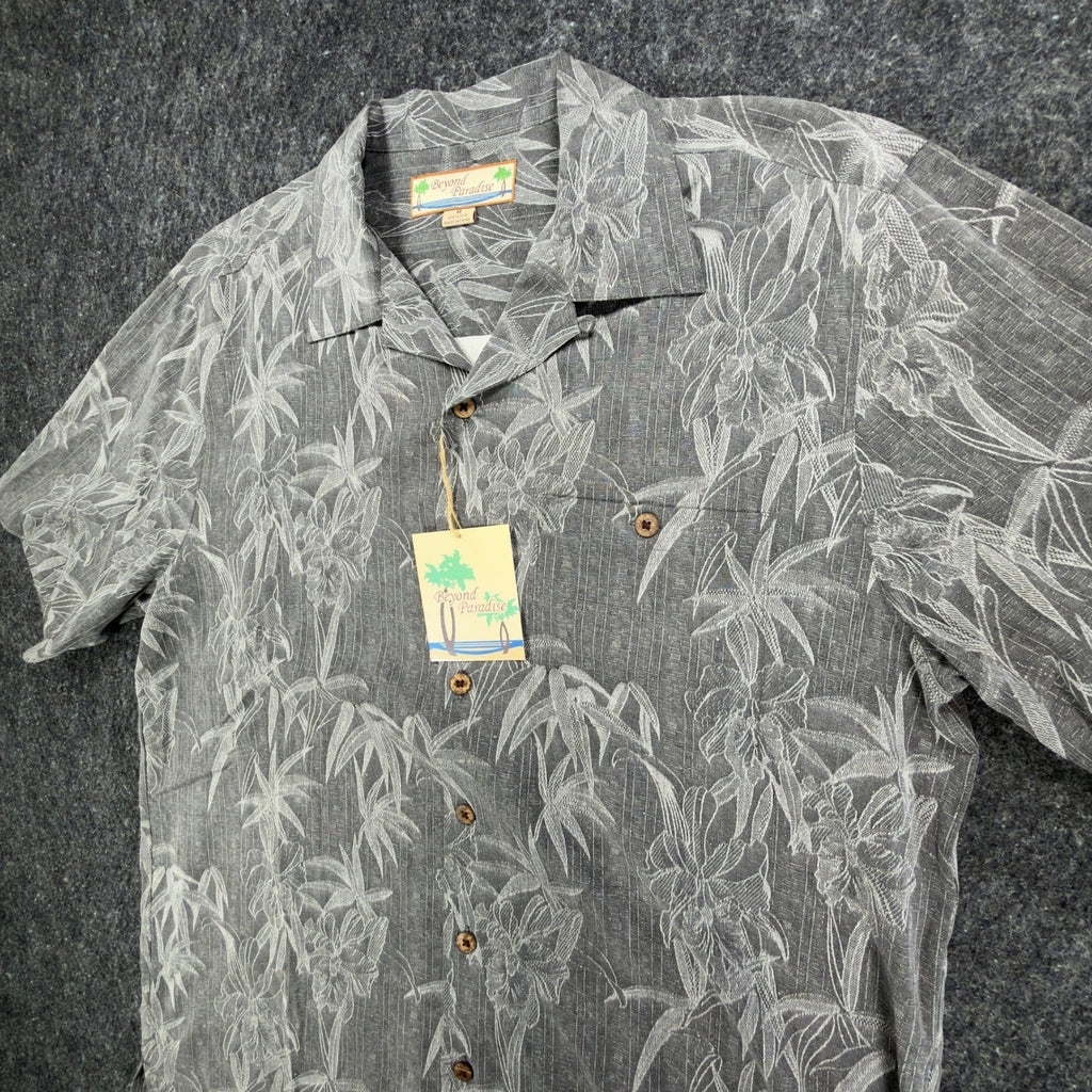 Beyond Paradise Hawaiian Shirt Mens Medium Charcoal Silk NWT