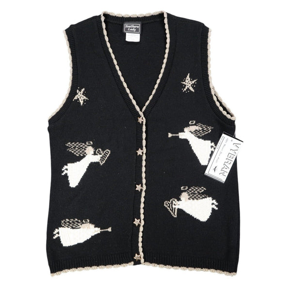 Southern Lady Angel Sweater Vest Womens Small Vintage 90s Black Metallic USA NWT