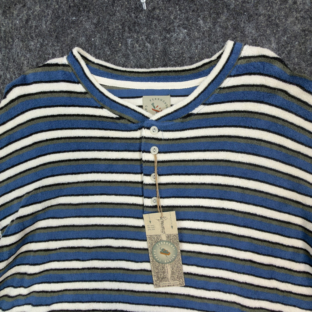 Vintage Ferruche Mens XL Henley Shirt Striped French Terry Blue White NWT 90s