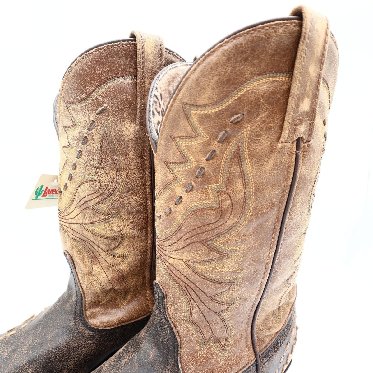 Laredo Western Cowboy Boots Women 7.5 M Black Tan Laced Tip Leather NWT