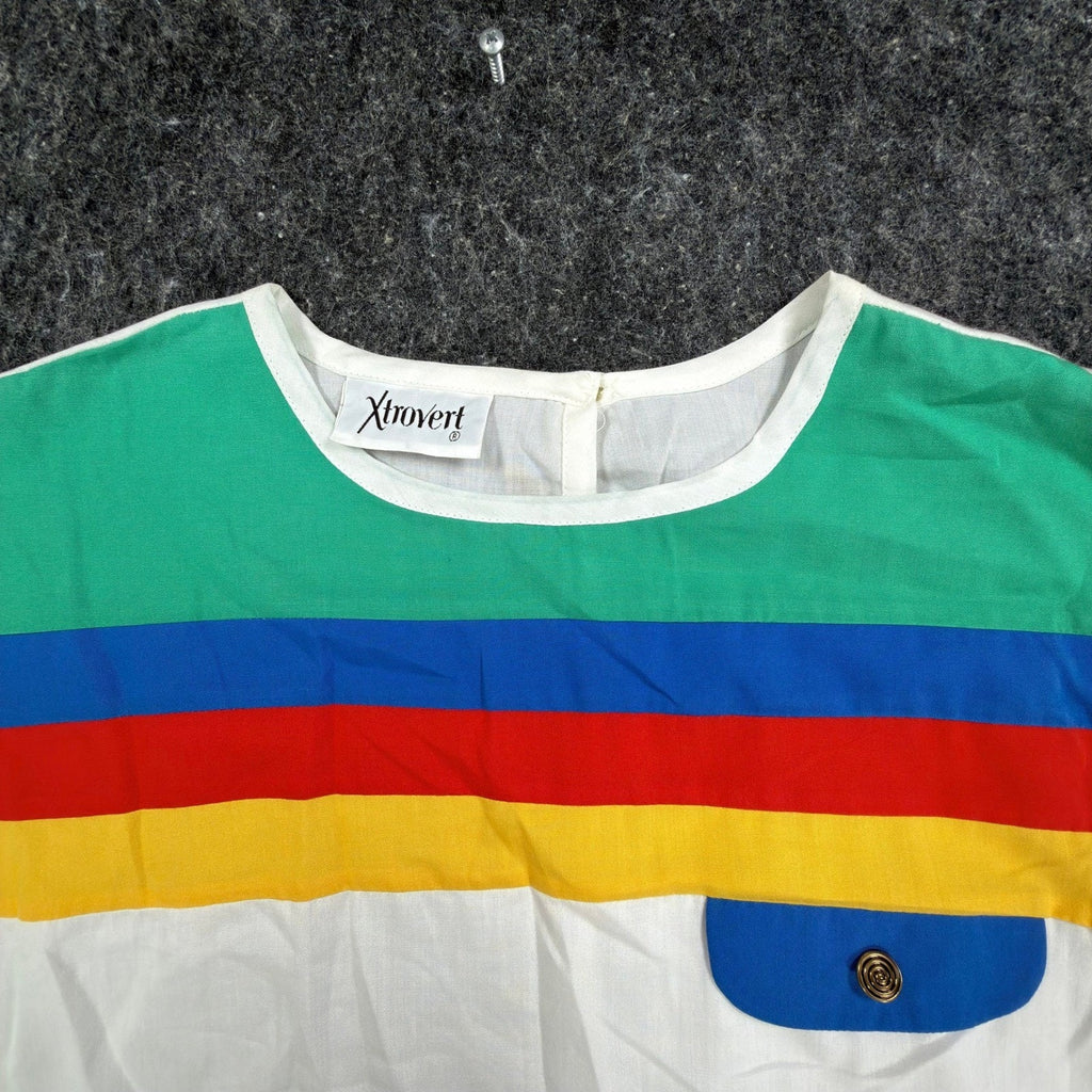 Xtrovert Vintage 80s Rainbow Stripe Top Womens Small White Deadstock NWT USA - take2supply