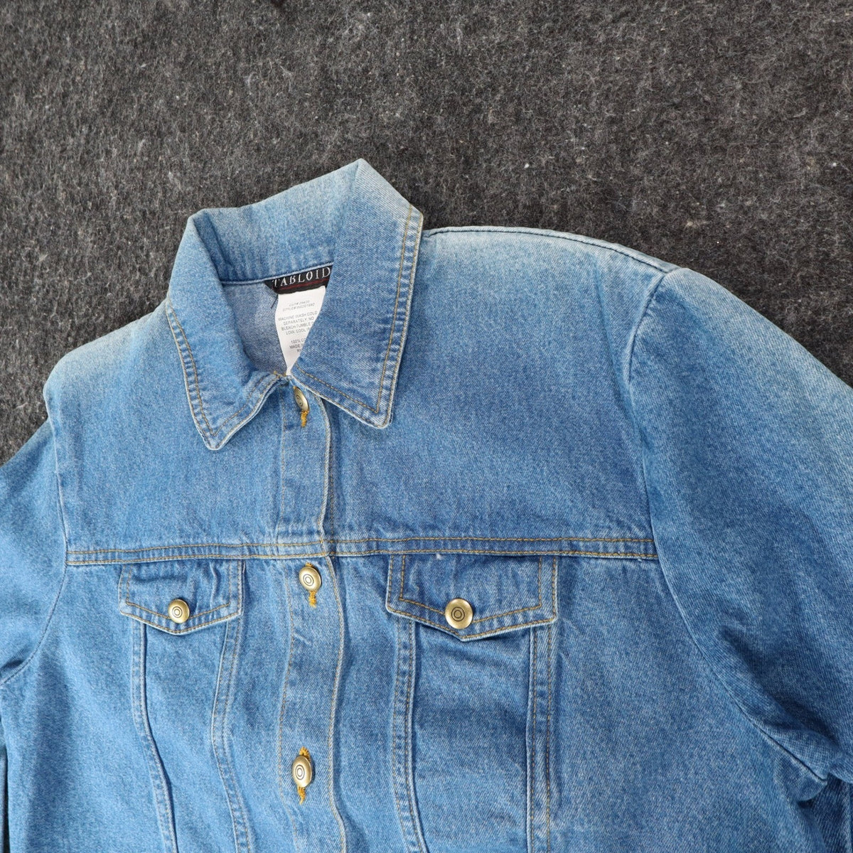 Tabloid Denim Jacket Medium Y2K Blue Cotton United We Stand USA Flag Graphic