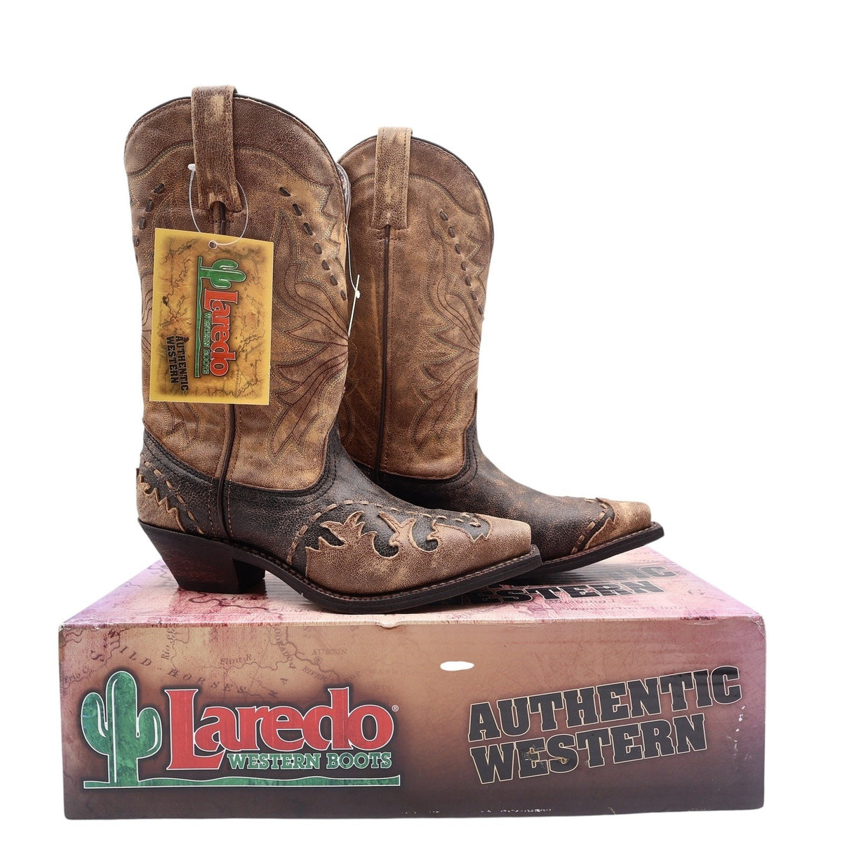 Laredo Western Cowboy Boots Women 7.5 M Black Tan Laced Tip Leather NWT