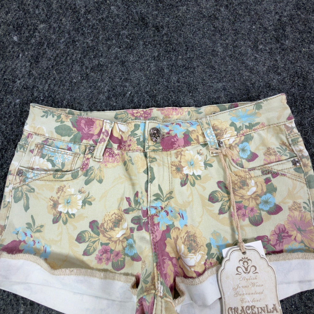 Grace in LA Modern Floral Denim Shorts Juniors 7/27 Yellow NWT
