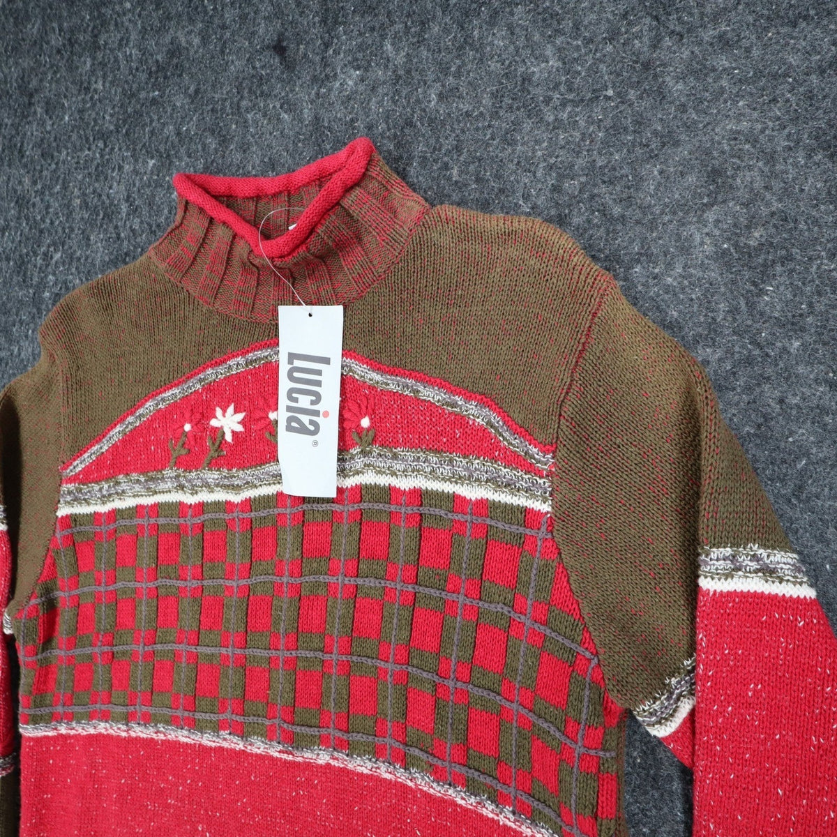 Lucia Sweater Womens Small Vintage 90s Red Green Floral Embroidered Mock Neck