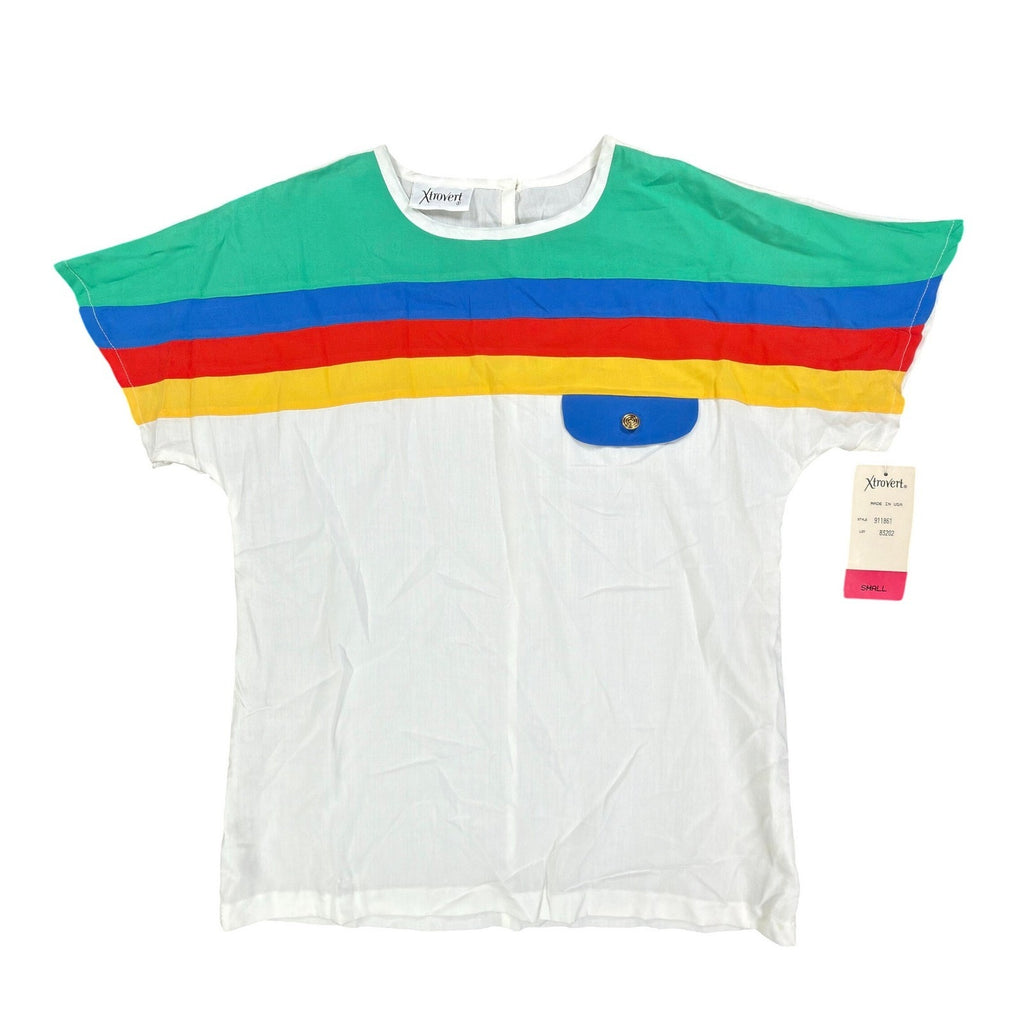 Xtrovert Vintage 80s Rainbow Stripe Top Womens Small White Deadstock NWT USA - take2supply