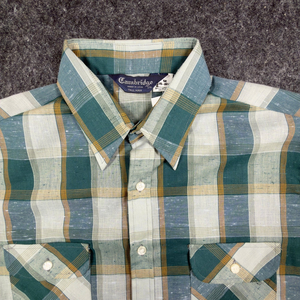 Cambridge Vintage 70s Plaid Button Up Shirt Mens M Green Tall Man NWT USA
