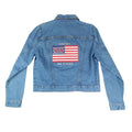 Tabloid Denim Jacket Womens Medium Y2K Blue Cotton USA Flag Graphic NWT