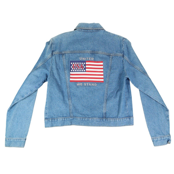 Tabloid Denim Jacket Medium Y2K Blue Cotton United We Stand USA Flag Graphic