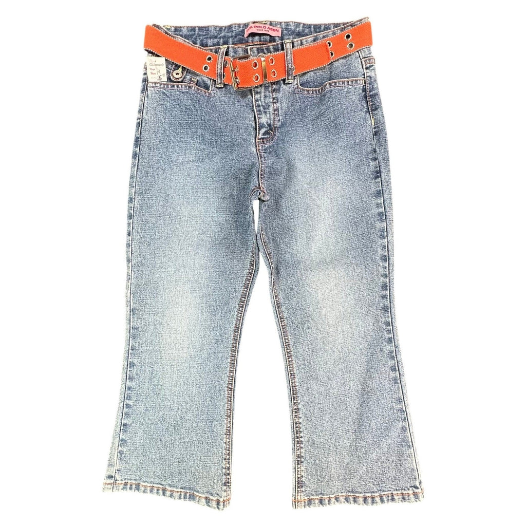 US Polo Assn Vintage Y2K Flare Jeans Girls 14 Blue Denim Orange Belt NWT