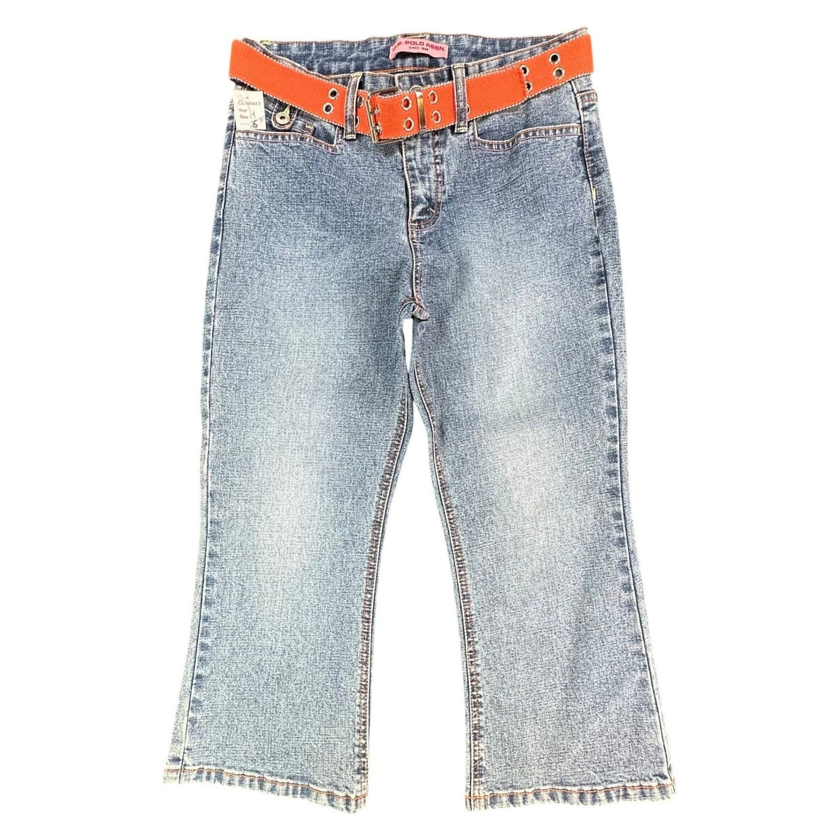 US Polo Assn Vintage Y2K Flare Jeans Girls 14 Blue Denim Orange Belt NWT