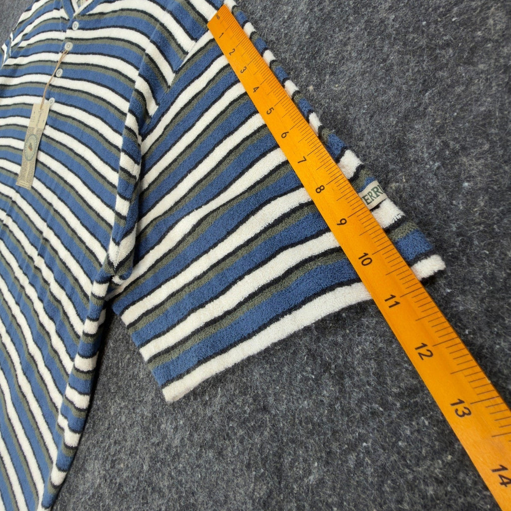 Ferruche Shirt Mens XL Henley Striped Short Sleeve Towel Terry Knit Blue NWT